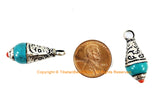 Tibetan Turquoise Resin Drop Charm Pendant with Tibetan Silver Caps and Coral Accent - Ethnic Turquoise Drops with Carved Metal Cap - WM4008S-1
