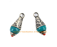 2 PENDANTS - Tibetan Turquoise Resin Drop Charm Pendant with Tibetan Silver Caps and Coral Accent - Ethnic Turquoise Drops - WM4008S-2