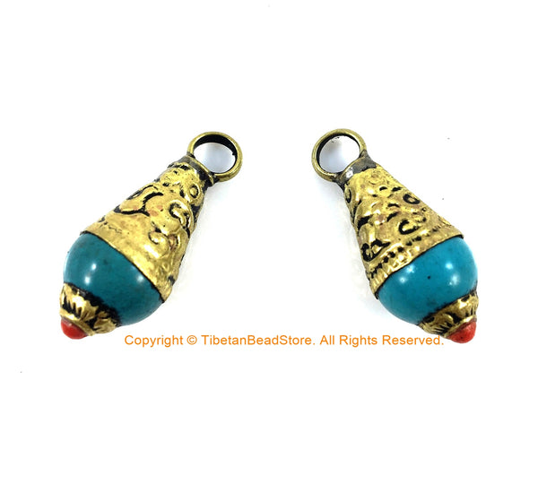 2 PENDANTS Small Ethnic Tibetan Turquoise Resin Charm Pendants with Brass Caps and Red Copal Accent - Turquoise Charm Amulet Pendant - WM4008-2