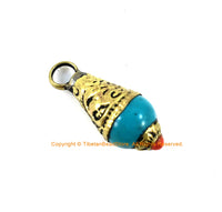 Small Ethnic Tibetan Turquoise Resin Charm Pendant with Brass Caps and Red Copal Accent - Turquoise Pendant - WM4008-1
