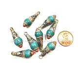 Small Tibetan Turquoise Drop Charm Pendant with Tibetan Silver Caps and Red Coral Accent - Ethnic Turquoise Drops -WM7790-1