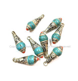 Small Tibetan Turquoise Drop Charm Pendant with Tibetan Silver Caps and Red Coral Accent - Ethnic Turquoise Drops -WM7790-1