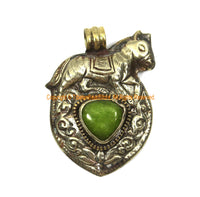 Ethnic Tibetan Silver Repousse Horse Pendant with Lime Green Jade Gemstone Inlay and Snake on Reverse Side - TibetanBeadStore Jewelry - WM7993