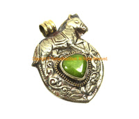 Ethnic Tibetan Silver Repousse Horse Pendant with Lime Green Jade Gemstone Inlay and Snake on Reverse Side - TibetanBeadStore Jewelry - WM7993