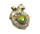 Ethnic Tibetan Silver Repousse Horse Pendant with Lime Green Jade Gemstone Inlay and Snake on Reverse Side - TibetanBeadStore Jewelry - WM7993
