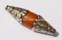Amber Copal Resin Bicone Beads with Repousse Tibetan Silver Caps - 1 Bead - Tibetan Ethnic Handmade Beads - B1978-1