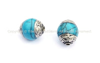 2 BEADS - Tibetan Blue Crackle Resin Beads with Tibetan Silver Caps - Nepal Tibetan Beads Pendants Jewelry - TibetanBeadStore - B905-2