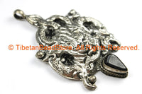 Ethnic Tribal Antique Look Repousse Tibetan Dragon Pendant with Onyx Inlay - TibetanBeadStore - Handmade - Unisex Jewelry - WM7216