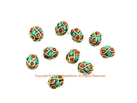 10 BEADS Turquoise, Coral, Brass Inlaid Beads - Tibetan Beads Inlaid Beads Tribal Beads - Handmade Beads - TibetanBeadStore - B3454-10