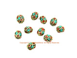 4 BEADS Turquoise, Coral, Brass Inlaid Beads - Tibetan Beads Inlaid Beads Tribal Beads - Handmade Inlay Beads - TibetanBeadStore - B3454-4
