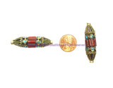 1 BEAD LARGE Quality Ethnic Tribal Tibetan Long BiCone Beads with Brass, Turquoise, Coral Inlays - Handmade Tibetan Beads - B3506-1