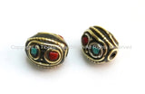 10 beads - Tibetan Oval Beads with Circles, Brass, Turquoise & Copal Coral Inlays - B1600-10