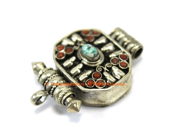Tibetan Ghau Amulet Prayer Box Pendant with Turquoise & Coral Inlays - 1 PENDANT - 25mm x 40mm - Handmade Ethnic Tibetan Jewelry - WM7701