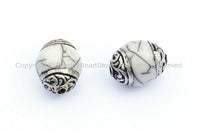 2 beads - Tibetan White Crackle Resin Beads with Tibetan Silver Caps - Handmade Ethnic Tibetan Beads - B901-2