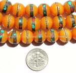 10 BEADS - 10mm wide Tibetan Amber Beads with Turquoise, Coral Inlay - Inlaid Amber Resin Tibetan Beads - LPB16-10
