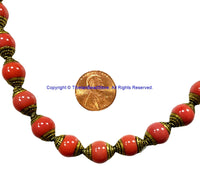 10 BEADS - Tibetan Red Coral Beads with Handmade Repousse Brass Caps - Tibetan Beads - TibetanBeadStore - B1411C-10