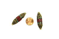 2 BEADS LARGE Quality Ethnic Tribal Nepal Tibetan Long BiCone Beads with Brass, Turquoise, Coral Inlays - Handmade Tibetan Beads - B3465-2