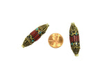 2 BEADS LARGE Quality Ethnic Tribal Nepal Tibetan Long BiCone Beads with Brass, Turquoise, Coral Inlays - Handmade Tibetan Beads - B3465-2