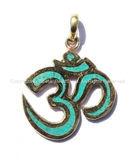 Sanskrit Om Pendant with Brass & Turquoise Inlay - Om Yoga Pendant - Boho OM Pendant - Tibetan Brass Pendant - WM1171