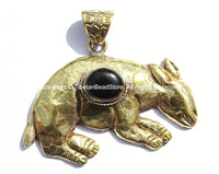 Large Tibetan Brass Animal Pendant with Black Onyx Agate Inlay - Brass Repousse Animal - Tibetan Jewelry - Tibetan Pendant - WM5392