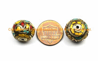 1 BEAD Thick Tibetan Floral Bead with Yellow Howlite, Turquoise, Coral Inlays Roundelle Rondelle - Ethnic Nepal Tibetan Beads - B3127-1