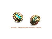 10 BEADS Turquoise, Coral, Brass Inlaid Beads - Tibetan Beads Inlaid Beads Tribal Beads - Handmade Beads - TibetanBeadStore - B3235F-10