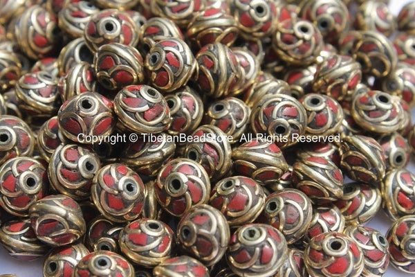 10 BEADS - Tibetan Floral Beads with Brass, Coral Inlays - Tibetan Beads - Floral Tibetan Brass Inlay Beads - B2597-10
