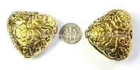 Big Tibetan Bead - Repousse Carved Brass Lotus Floral Heart-Shape Pendant Tibetan Bead - 1 BEAD Artisan Handmade Tibetan Beads - B2398-1