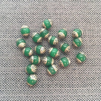 2 BEADS Tibetan Green Jade Beads with Repousse Tibetan Silver Caps - 8mm Beads Green Onyx Agate Jade Beads - Jewelry Beading - B3462-2