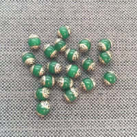 2 BEADS Tibetan Green Jade Beads with Repousse Tibetan Silver Caps - 8mm Beads Green Onyx Agate Jade Beads - Jewelry Beading - B3462-2