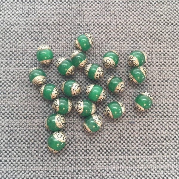 4 BEADS Tibetan Green Jade Beads with Repousse Tibetan Silver Caps - 8mm Beads Green Onyx Agate Jade Beads - Jewelry Beading - B3462-4