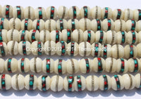 50 BEADS 10mm Tibetan White Bone Beads with Turquoise & Coral Inlays- Handmade Nepal Tibetan Beads - Mala Making Supplies - LPB12-50
