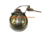 Kalachakra Mantra Tibetan Brass Snuff Perfume Bottle Pendant with Glass Bead Inlays - 38mm x 50mm - Ethnic Tribal 3 Metals Pendant - WM7266