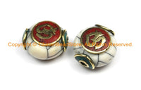 2 BEADS Tibetan White Crackle Resin Beads with Brass OM Mantra, Turquoise & Red Coral Inlays - Tibetan Beads Nepal Beads- B2986-2