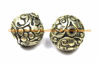 2 BEADS - Tibetan Repousse Floral Silver-plated Metal Round Focal Beads - 20mm x 20mm Unique Ethnic Filigree Carved Metal Beads - B3119-2