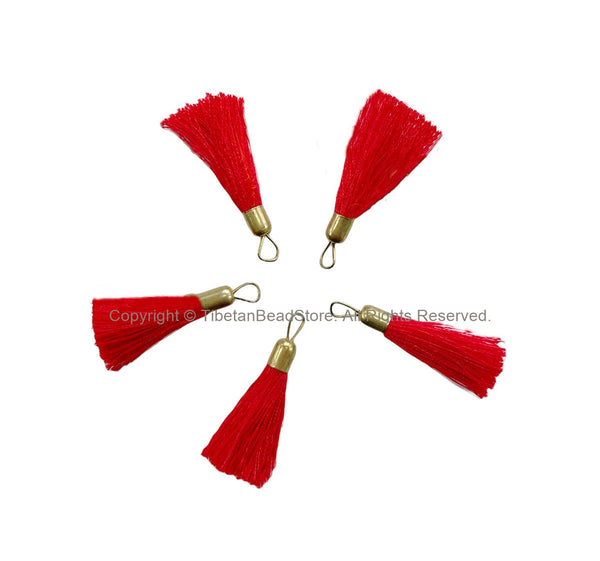 5 TASSELS Scarlet Red Tassels with Gold Toned Brass Caps - Quality Tassels Boho Mala Tassels Earring Tassels - Craft Tassels - T211-5