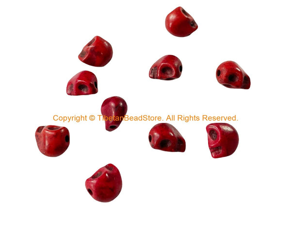 10 BEADS - Red Color Howlite Carved Skull Charm Beads - Skull Beads - Charms, Beads, Findings - B3401R-10