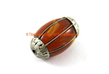 BIG Tibetan Amber Resin Bead with Tibetan Silver Wire & Caps - Ethnic Tibetan Amber Color Resin Beads - B3319