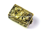 Repousse Carved Brass Rectangular Box Shaped Tibetan Bead with Scroll & Floral Details - 1 Bead - Handmade Tibetan Pendant Beads - B2441