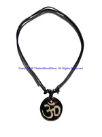 OM Mantra Design Carved Bone Pendant Necklace on Adjustable Cord - Ethnic Tribal Handmade Boho Jewelry - HC166T