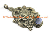 Ethnic Tribal Antique Look Repousse Tibetan Dragon Pendant with Lapis Inlay - TibetanBeadStore - Handmade - Unisex Jewelry - WM7222