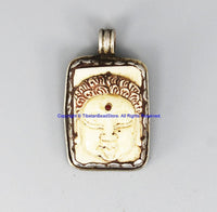 OOAK 92.5 Sterling Silver & Carved Bone Buddha Head Pendant with Repousse Lotus Floral Details - TibetanBeadStore - SS8032