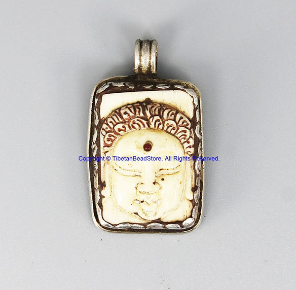 OOAK 92.5 Sterling Silver & Carved Bone Buddha Head Pendant with Repousse Lotus Floral Details - TibetanBeadStore - SS8032