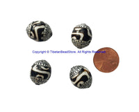 2 BEADS - BIG Tibetan Dzi Resin Beads with Tibetan Silver Caps - Tibetan Beads Ethnic Nepal Tibetan Beads - B2908B-2