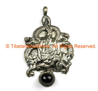 Ethnic Tribal Antique Look Repousse Tibetan Dragon Pendant with Onyx Inlay - TibetanBeadStore - Handmade - Unisex Jewelry - WM7236