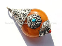 2 PENDANTS Reversible Tibetan Amber Copal Resin Teardrop Shape Charm Pendants with Floral Design Tibetan Silver Caps - WM4695-2