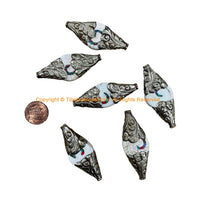 2 BEADS Ethnic Tribal Naga Conch Shell Tibetan Beads with Turquoise, Coral Inlays & Repousse Floral Metal Caps - B3500-2