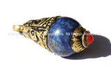 2 PENDANTS Tibetan Lapis Charm Drop Pendants with Carved Brass Cap & Coral Inlay Accent - TibetanBeadStore - Tibetan Beads- WM4887-2