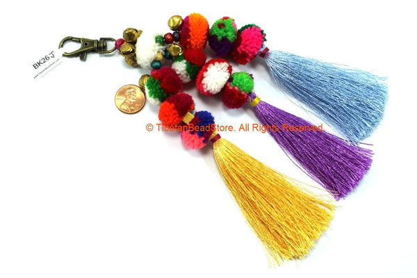 Luxury Pom Pom Tassels - Handmade Multi-colored Pom Pom Tassels with Spring Clip - Boho Long Tassels - Silk Tassels Bag Tassels - BK26J