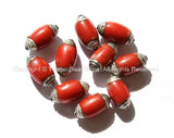 2 BEADS Tibetan Red Resin Coral Beads with Tibetan Silver Caps - Ethnic Nepal Tibetan Beads - Ethnic Sherpa Coral Resin Beads- B995-2